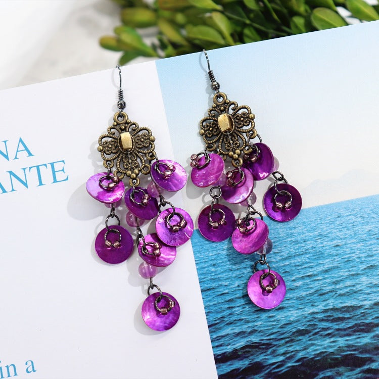 Bohemian shell earrings hanging with tassels