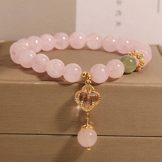 Natural Rose Quartz Bracelet with Clover Pendant