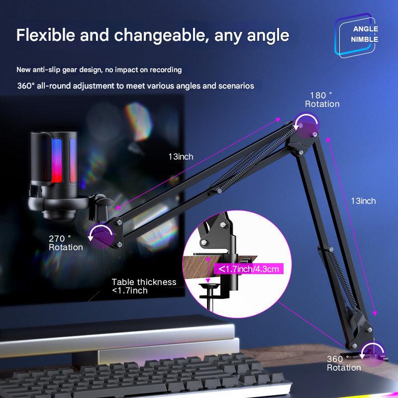 Microphone on adjustable arm with computer setup