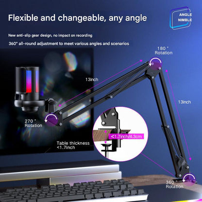 Microphone on adjustable arm with computer setup