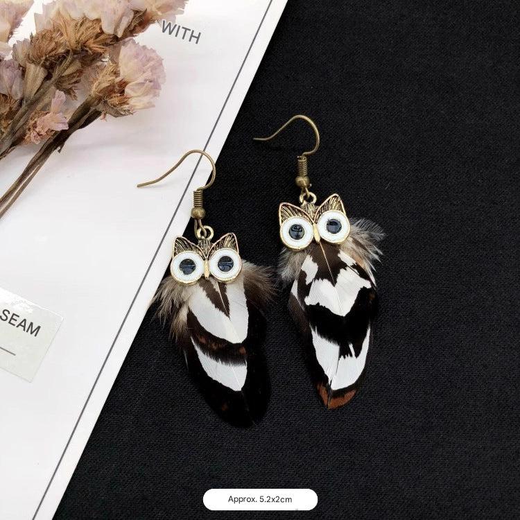 Peacock feather earrings displayed on a model