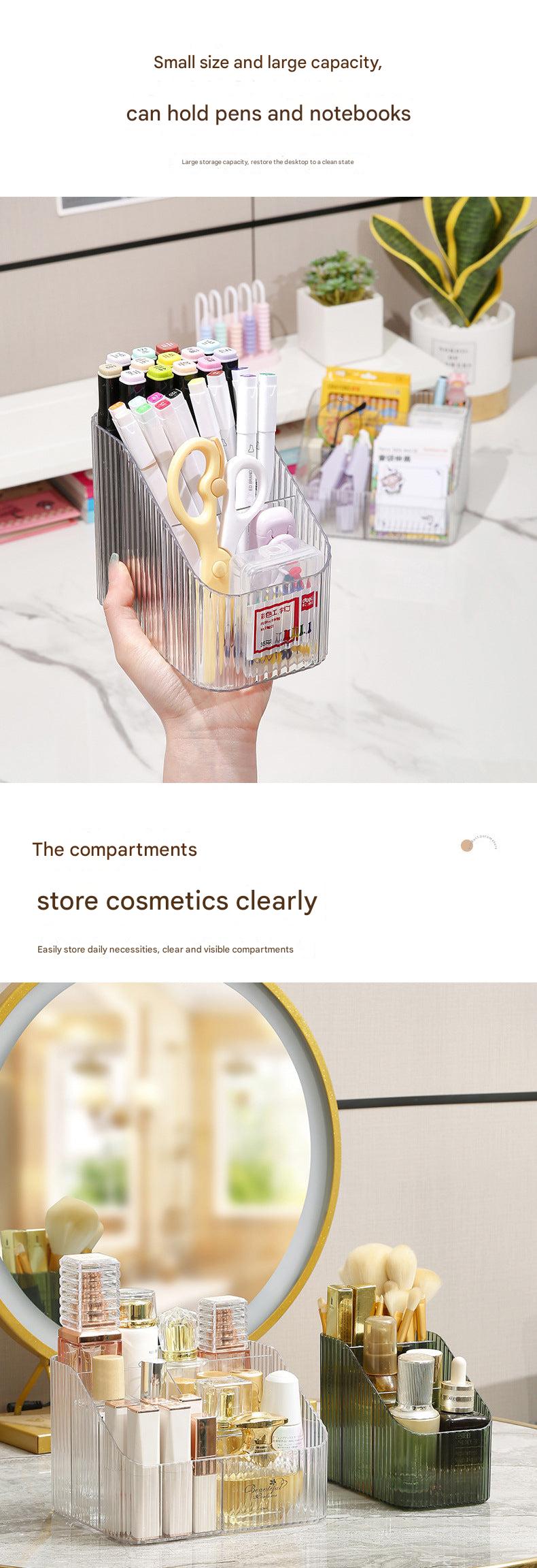 Close-up of makeup organizer compartments