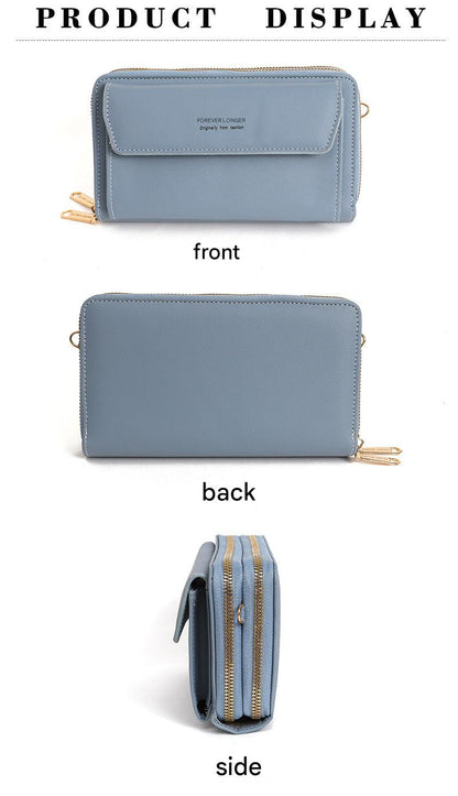 Black compact handbag featuring zipper closure