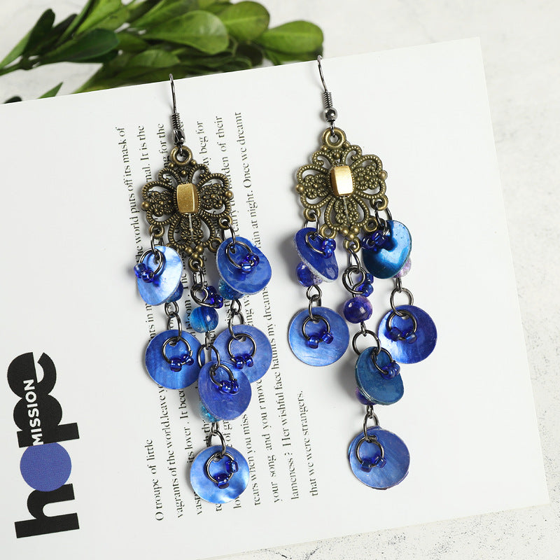 Bohemian shell earrings hanging with tassels