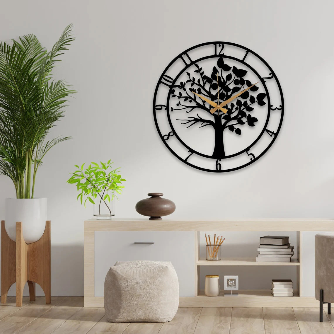 Tree of Life metal wall clock hanging on a wall