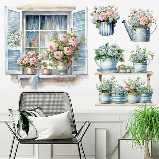 Blue floral wall decal in bedroom