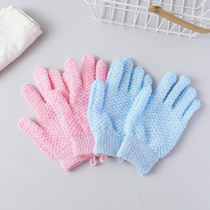User demonstrating exfoliating gloves in the shower