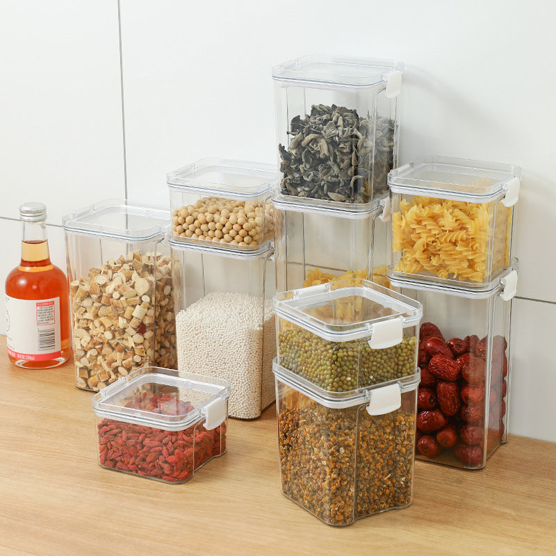 organized kitchen storage with plastic container